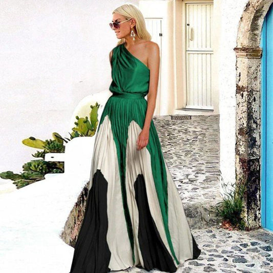 2025 spring and summer new  Popular trade  women's clothing dress contrasting colors loose splicing off-the-shoulder printed dress