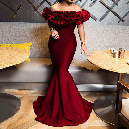 2025 new elastic knitted belt anti-2025 women's clothing lotus leaf one-word shoulder slim-fitting small trailing women's dress