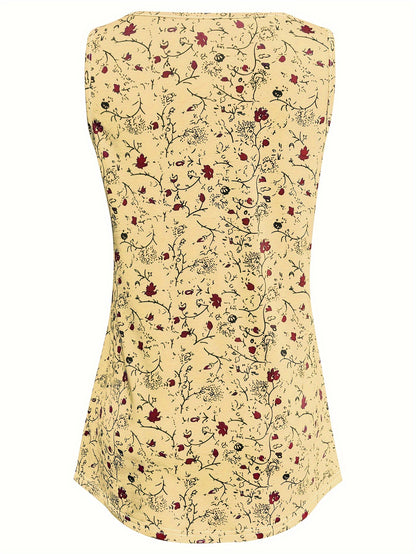 Vibrant Ditsy Floral Print Crew Neck Tank Top - Soft Mid-Elasticity Polyester Knit Fabric, Semi-Sheer, Machine Washable, Perfect for Summer Casual Wear - Womens Clothing