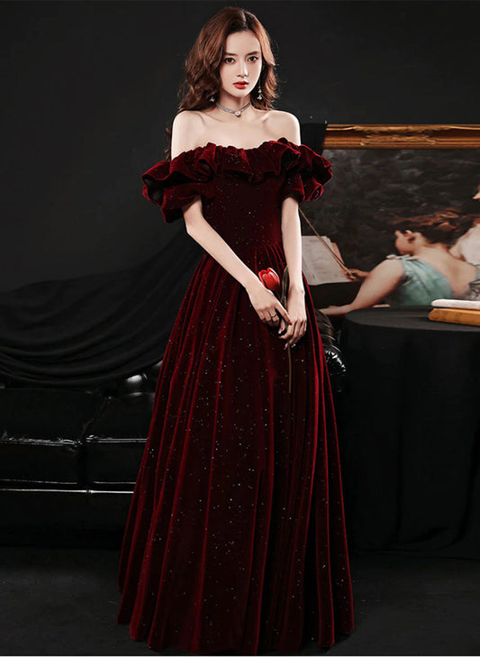 LOVECCROff Shoulder Wine Red Velvet A-line Party Dress, Wine Red Prom Dress