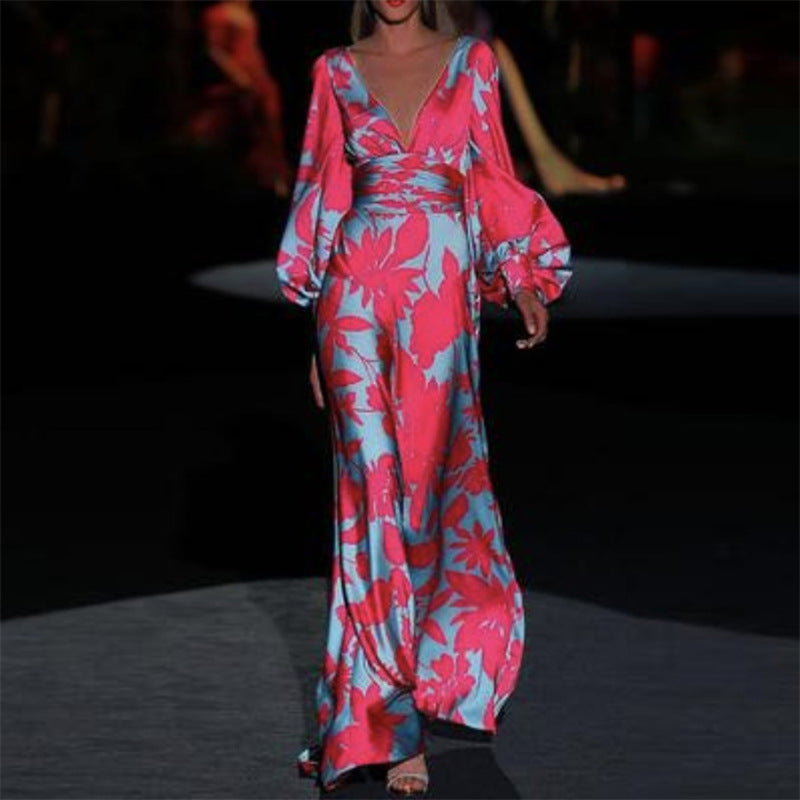 2025 new New  2025 women's dress slim lantern sleeve fashion printed V-neck dress