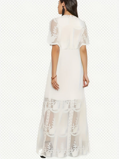 Romantic Lace Plunge Neck A-line Dress - Flirty Short Sleeves, Adjustable Split Hem for Spring & Summer Vacations - Womens Chic Casual Wear