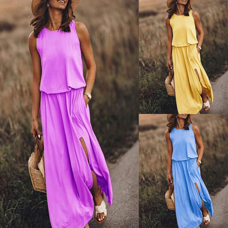 2025 New spring and summer new  Popular trade women's clothing round neck sleeveless dress split fork solid color casual commuter dress