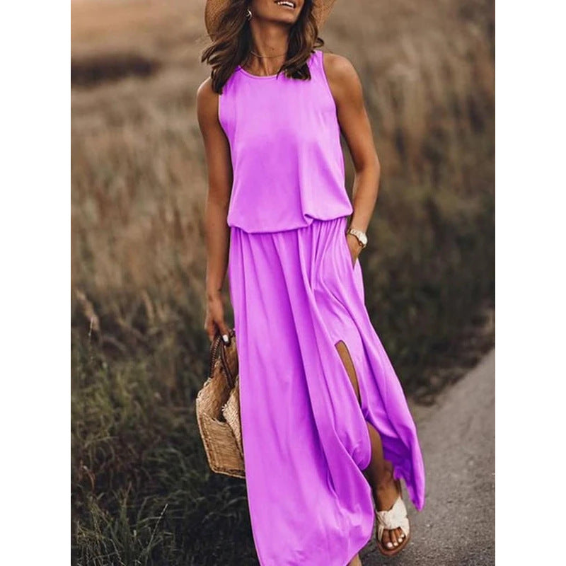 2025 New spring and summer new  Popular trade women's clothing round neck sleeveless dress split fork solid color casual commuter dress