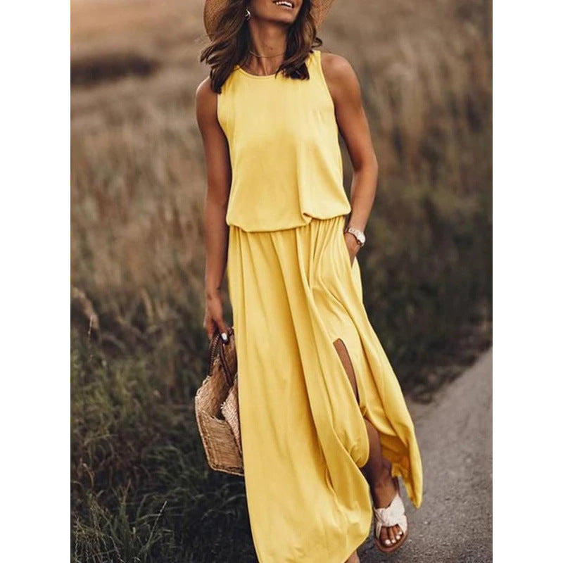 2025 New spring and summer new  Popular trade women's clothing round neck sleeveless dress split fork solid color casual commuter dress