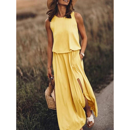 2025 New spring and summer new  Popular trade women's clothing round neck sleeveless dress split fork solid color casual commuter dress