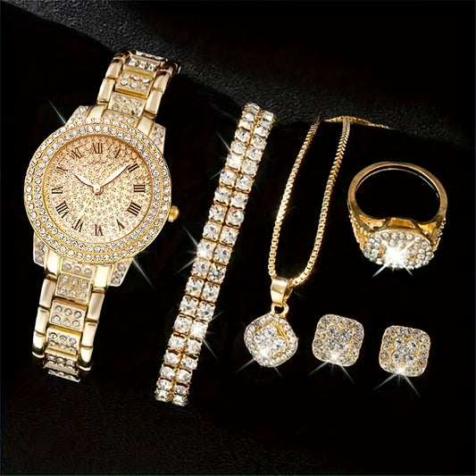 5 Pcs Round Quartz Watches Stainless Steel Strap Alloy Pointer Stainless Steel Dial And Rhinestone Bracelet Necklace Ring Jewelry For Women Gifts For Eid