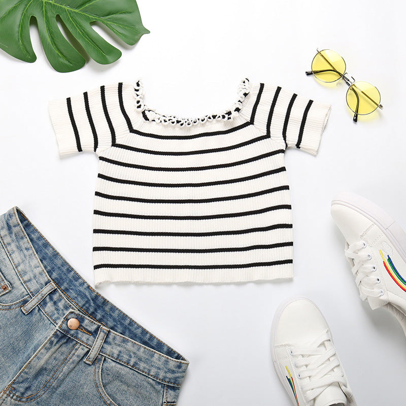 LOVECCR New Popular trade summer new 2025 one-word shoulder striped navel top short-sleeved fungus edge short t-shirt