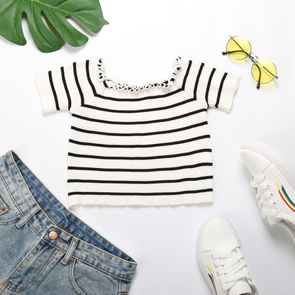 LOVECCR New Popular trade summer new 2025 one-word shoulder striped navel top short-sleeved fungus edge short t-shirt
