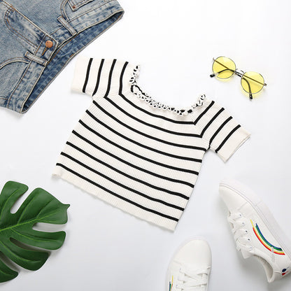 LOVECCR New Popular trade summer new 2025 one-word shoulder striped navel top short-sleeved fungus edge short t-shirt
