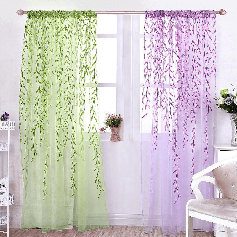 1pc Elegant Leaf Pattern Green and Purple Sheer Tulle Curtain - Soft, Breathable, and Light-Filtering Window Treatment for Living Room, Bedroom, Balcony - Adds Elegance and Sophistication to Any Room, Easy to Hang and Maintain