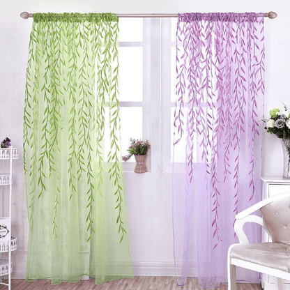 1pc Elegant Leaf Pattern Green and Purple Sheer Tulle Curtain - Soft, Breathable, and Light-Filtering Window Treatment for Living Room, Bedroom, Balcony - Adds Elegance and Sophistication to Any Room, Easy to Hang and Maintain