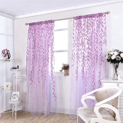 1pc Elegant Leaf Pattern Green and Purple Sheer Tulle Curtain - Soft, Breathable, and Light-Filtering Window Treatment for Living Room, Bedroom, Balcony - Adds Elegance and Sophistication to Any Room, Easy to Hang and Maintain