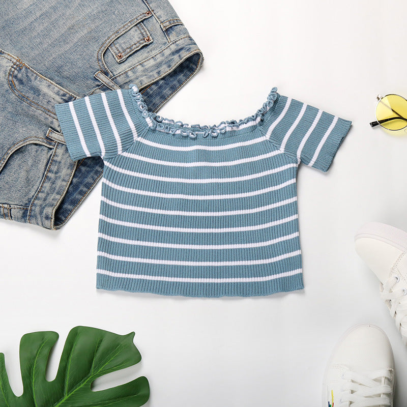 LOVECCR New Popular trade summer new 2025 one-word shoulder striped navel top short-sleeved fungus edge short t-shirt