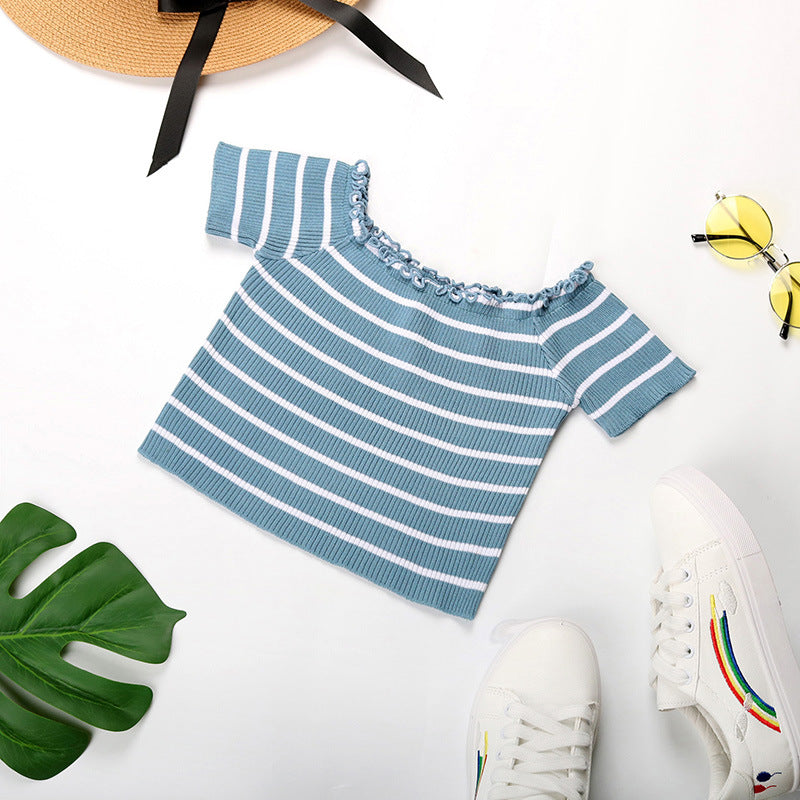 LOVECCR New Popular trade summer new 2025 one-word shoulder striped navel top short-sleeved fungus edge short t-shirt
