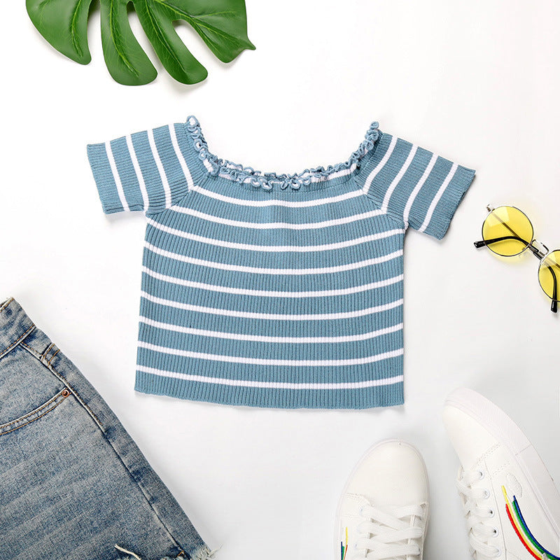 LOVECCR New Popular trade summer new 2025 one-word shoulder striped navel top short-sleeved fungus edge short t-shirt