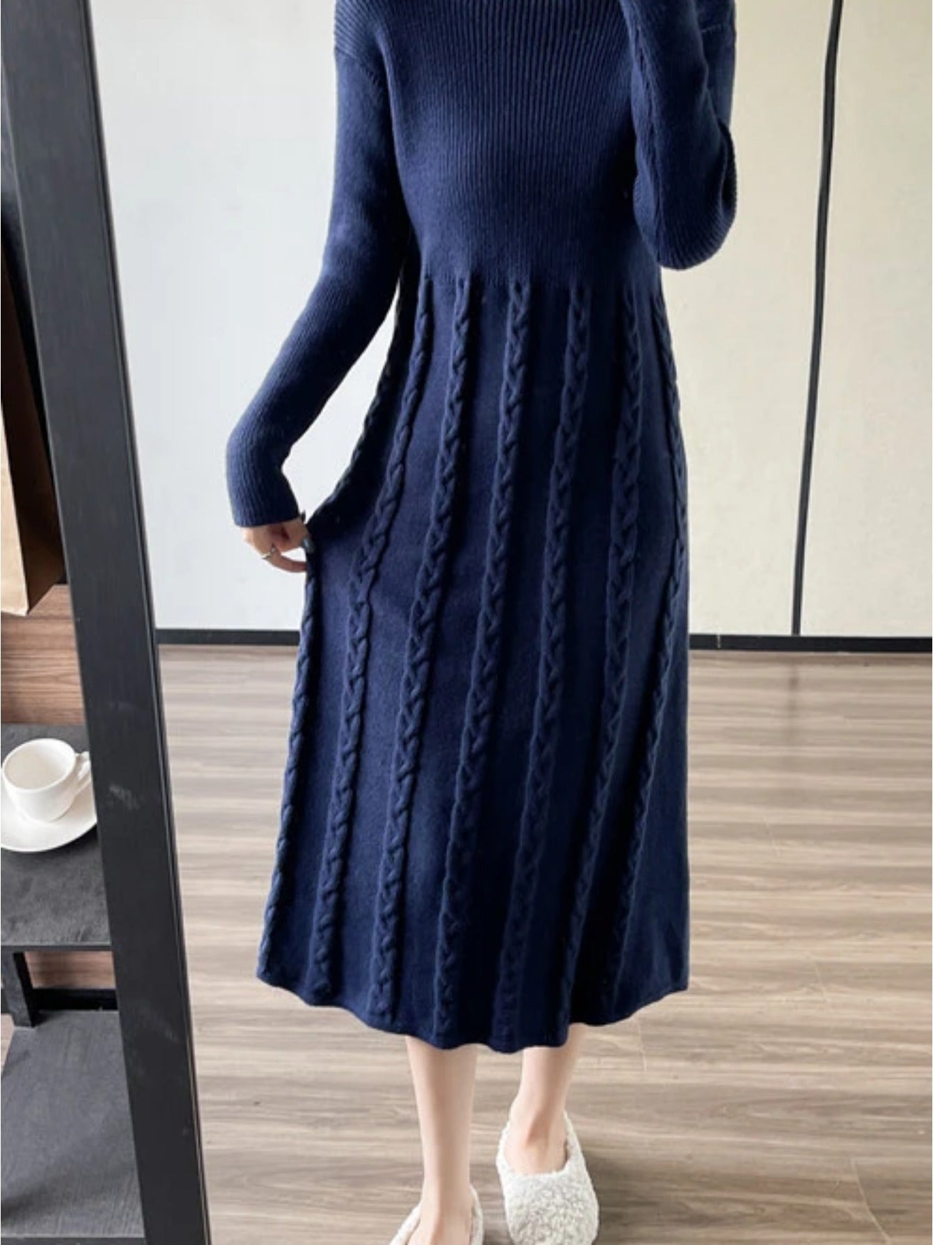 Cozy Cable Knit Sweater Dress - Soft, Elegant, Long Sleeve, Slim Fit, Mock Neck, Perfect for Spring & Fall, Women's Clothing, Ideal for Casual Occasions