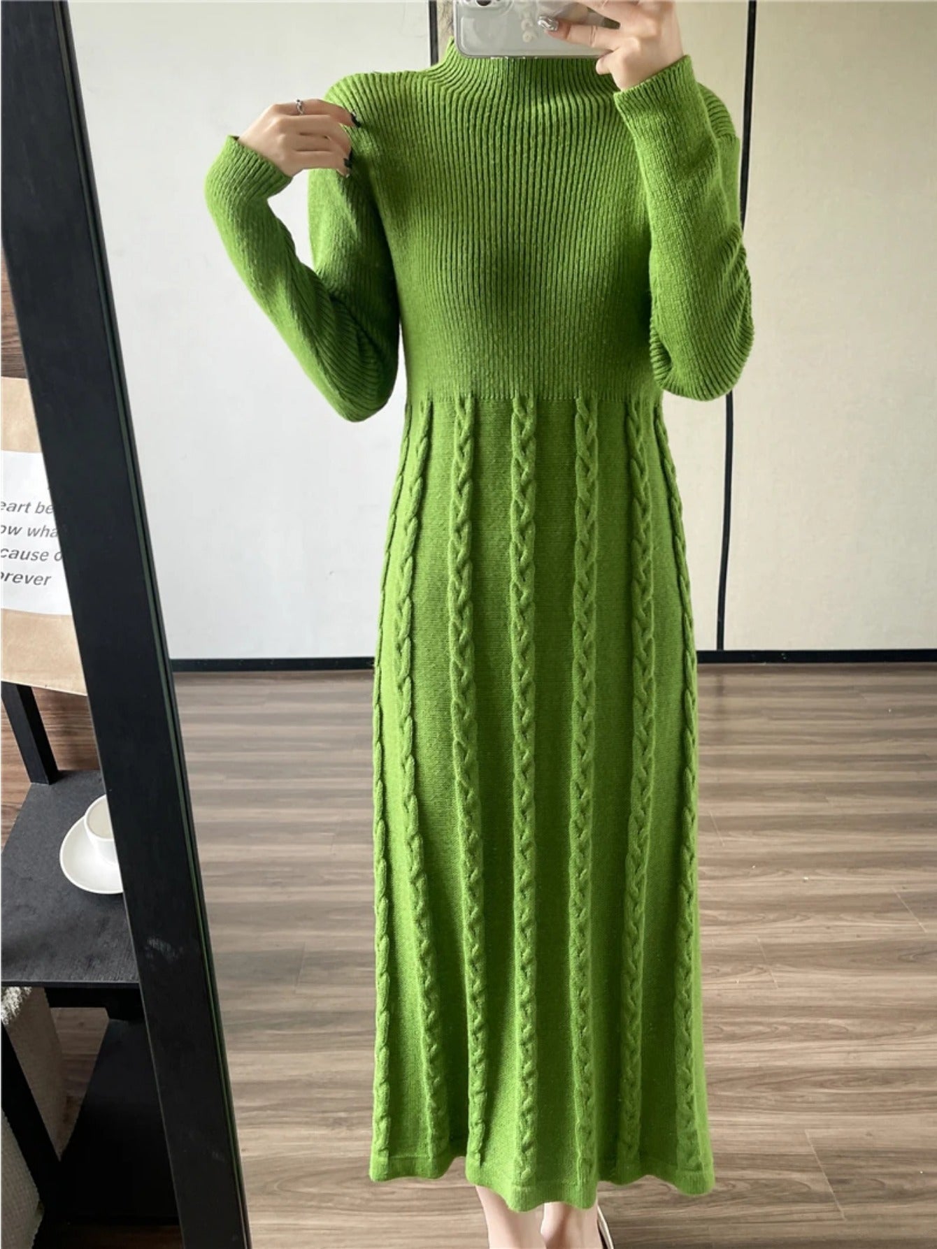 Cozy Cable Knit Sweater Dress - Soft, Elegant, Long Sleeve, Slim Fit, Mock Neck, Perfect for Spring & Fall, Women's Clothing, Ideal for Casual Occasions