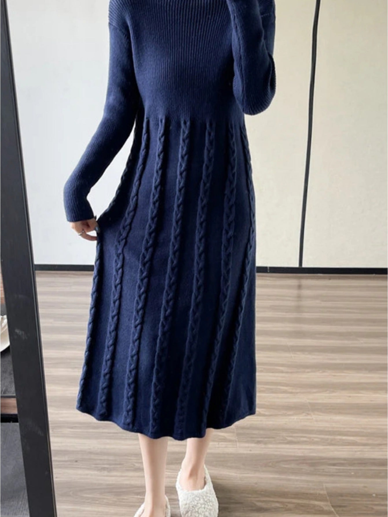 Cozy Cable Knit Sweater Dress - Soft, Elegant, Long Sleeve, Slim Fit, Mock Neck, Perfect for Spring & Fall, Women's Clothing, Ideal for Casual Occasions