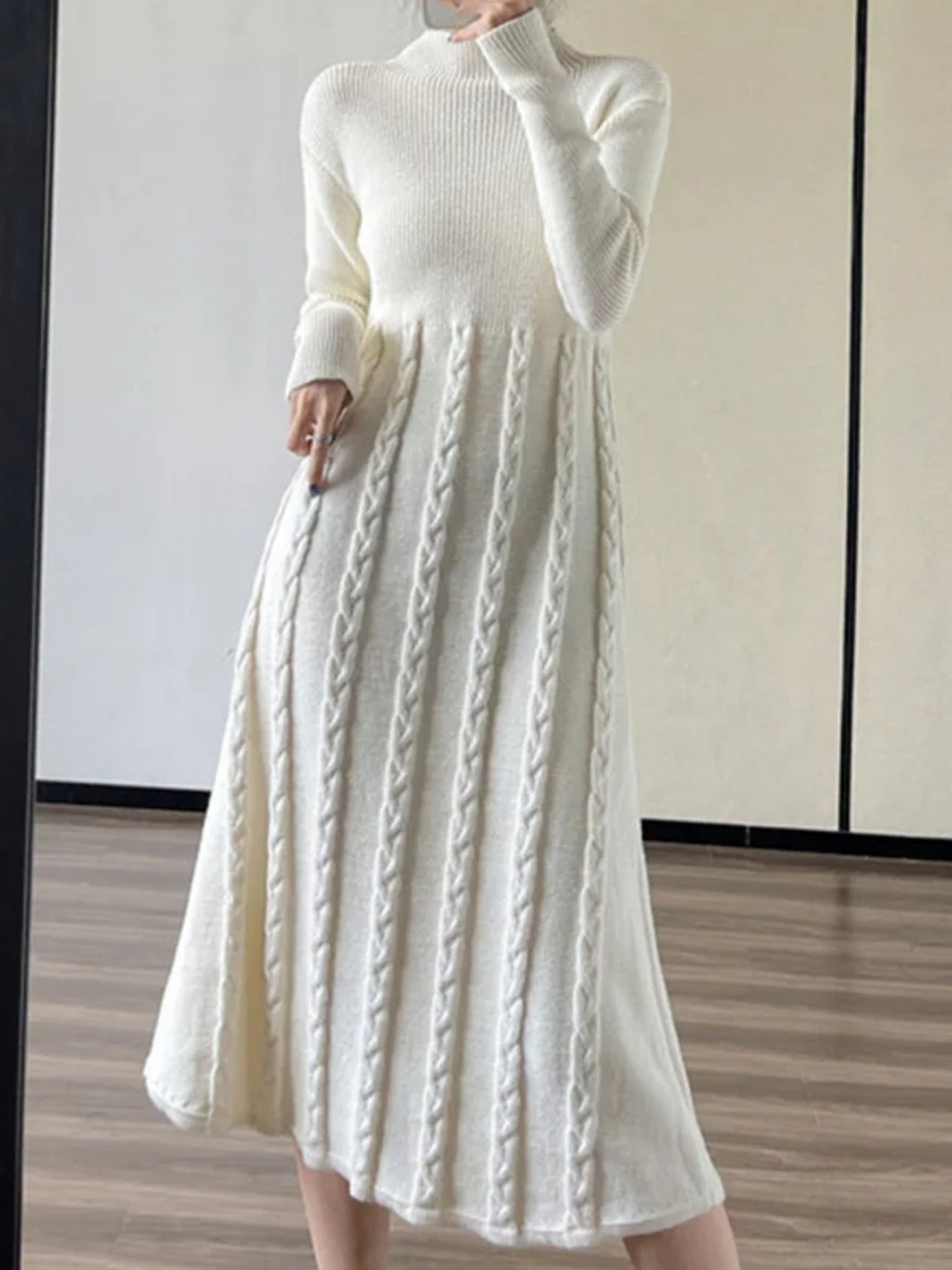 Cozy Cable Knit Sweater Dress - Soft, Elegant, Long Sleeve, Slim Fit, Mock Neck, Perfect for Spring & Fall, Women's Clothing, Ideal for Casual Occasions