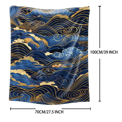 Japanese-Inspired 1PC Golden and Blue Wave Print Flannel Throw Blanket - Soft, Comfortable, Lightweight, Knitted Polyester, Quilted for Bed, Sofa, Office - Ideal for Gifts, Camping, Travel - Suitable for All Seasons