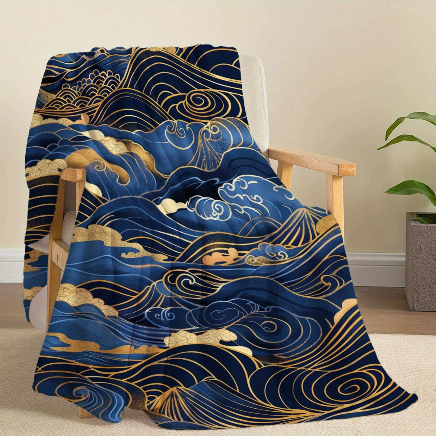 Japanese-Inspired 1PC Golden and Blue Wave Print Flannel Throw Blanket - Soft, Comfortable, Lightweight, Knitted Polyester, Quilted for Bed, Sofa, Office - Ideal for Gifts, Camping, Travel - Suitable for All Seasons