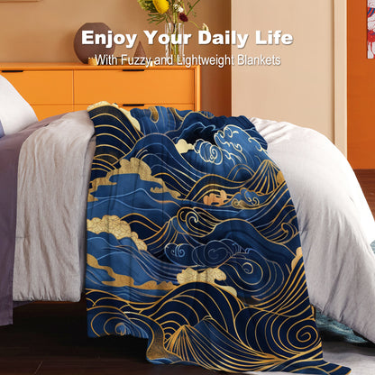 Japanese-Inspired 1PC Golden and Blue Wave Print Flannel Throw Blanket - Soft, Comfortable, Lightweight, Knitted Polyester, Quilted for Bed, Sofa, Office - Ideal for Gifts, Camping, Travel - Suitable for All Seasons