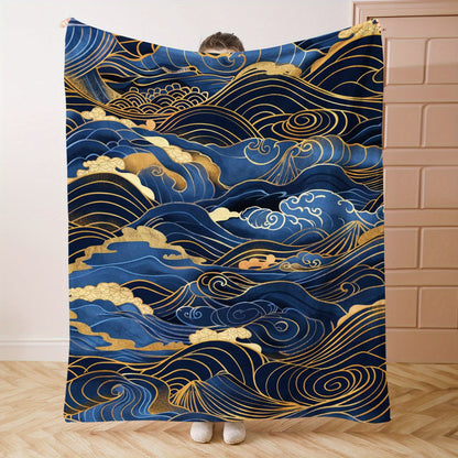 Japanese-Inspired 1PC Golden and Blue Wave Print Flannel Throw Blanket - Soft, Comfortable, Lightweight, Knitted Polyester, Quilted for Bed, Sofa, Office - Ideal for Gifts, Camping, Travel - Suitable for All Seasons