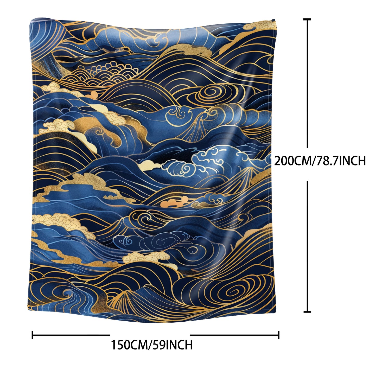 Japanese-Inspired 1PC Golden and Blue Wave Print Flannel Throw Blanket - Soft, Comfortable, Lightweight, Knitted Polyester, Quilted for Bed, Sofa, Office - Ideal for Gifts, Camping, Travel - Suitable for All Seasons
