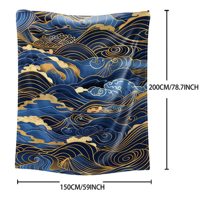 Japanese-Inspired 1PC Golden and Blue Wave Print Flannel Throw Blanket - Soft, Comfortable, Lightweight, Knitted Polyester, Quilted for Bed, Sofa, Office - Ideal for Gifts, Camping, Travel - Suitable for All Seasons