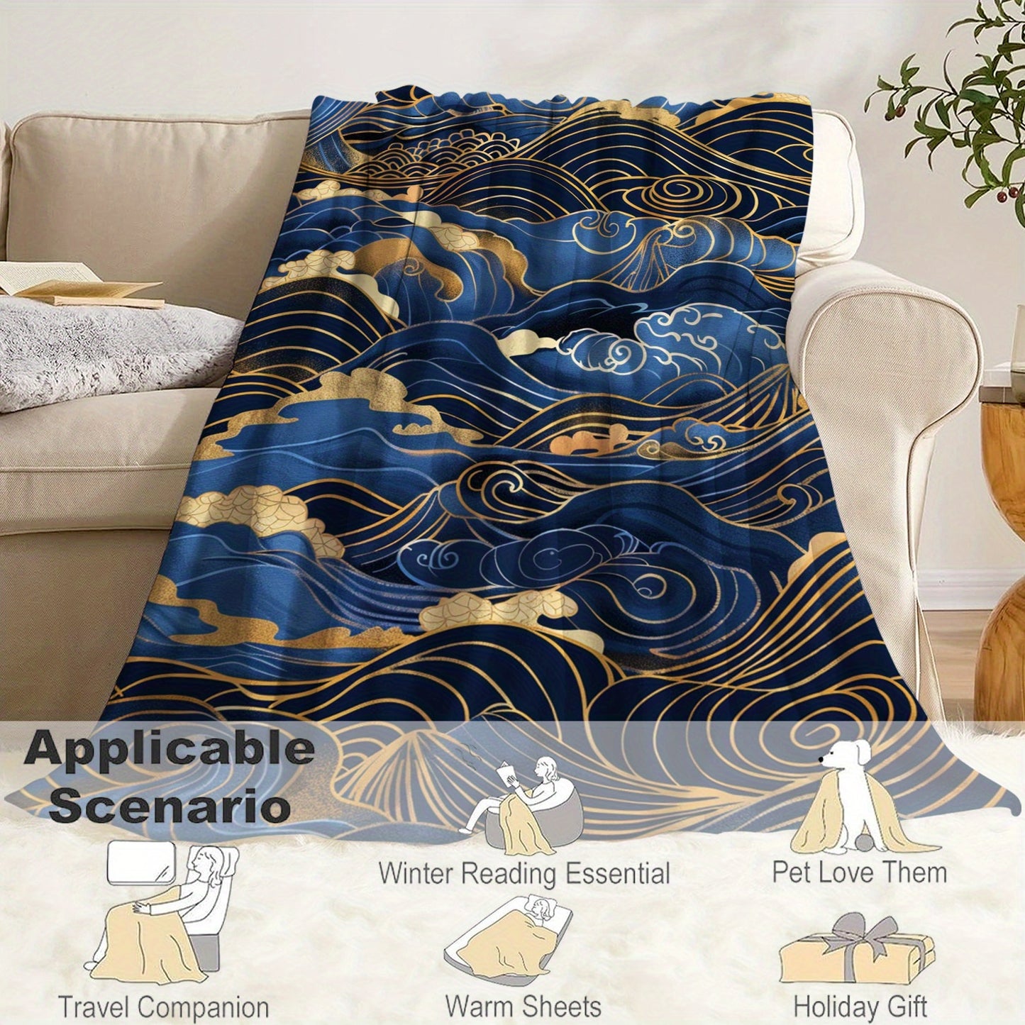Japanese-Inspired 1PC Golden and Blue Wave Print Flannel Throw Blanket - Soft, Comfortable, Lightweight, Knitted Polyester, Quilted for Bed, Sofa, Office - Ideal for Gifts, Camping, Travel - Suitable for All Seasons