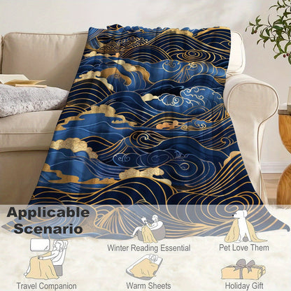 Japanese-Inspired 1PC Golden and Blue Wave Print Flannel Throw Blanket - Soft, Comfortable, Lightweight, Knitted Polyester, Quilted for Bed, Sofa, Office - Ideal for Gifts, Camping, Travel - Suitable for All Seasons