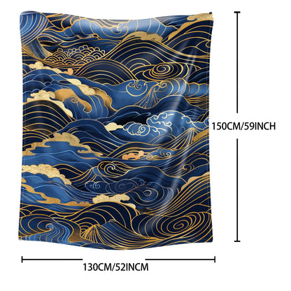 Japanese-Inspired 1PC Golden and Blue Wave Print Flannel Throw Blanket - Soft, Comfortable, Lightweight, Knitted Polyester, Quilted for Bed, Sofa, Office - Ideal for Gifts, Camping, Travel - Suitable for All Seasons