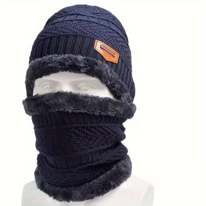 Winter Fleece-Lined Knitted Beanie and Scarf Set - Unisex Polyester Skull Cap with Face Cover for Outdoor Skiing, Casual Style Full Face Warmer with Knitted Weave - Multipurpose Thermal Hat and Neck Gaiter Combo