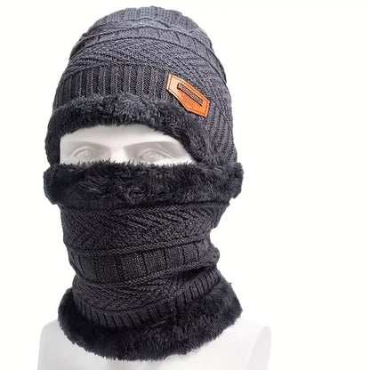 Winter Fleece-Lined Knitted Beanie and Scarf Set - Unisex Polyester Skull Cap with Face Cover for Outdoor Skiing, Casual Style Full Face Warmer with Knitted Weave - Multipurpose Thermal Hat and Neck Gaiter Combo