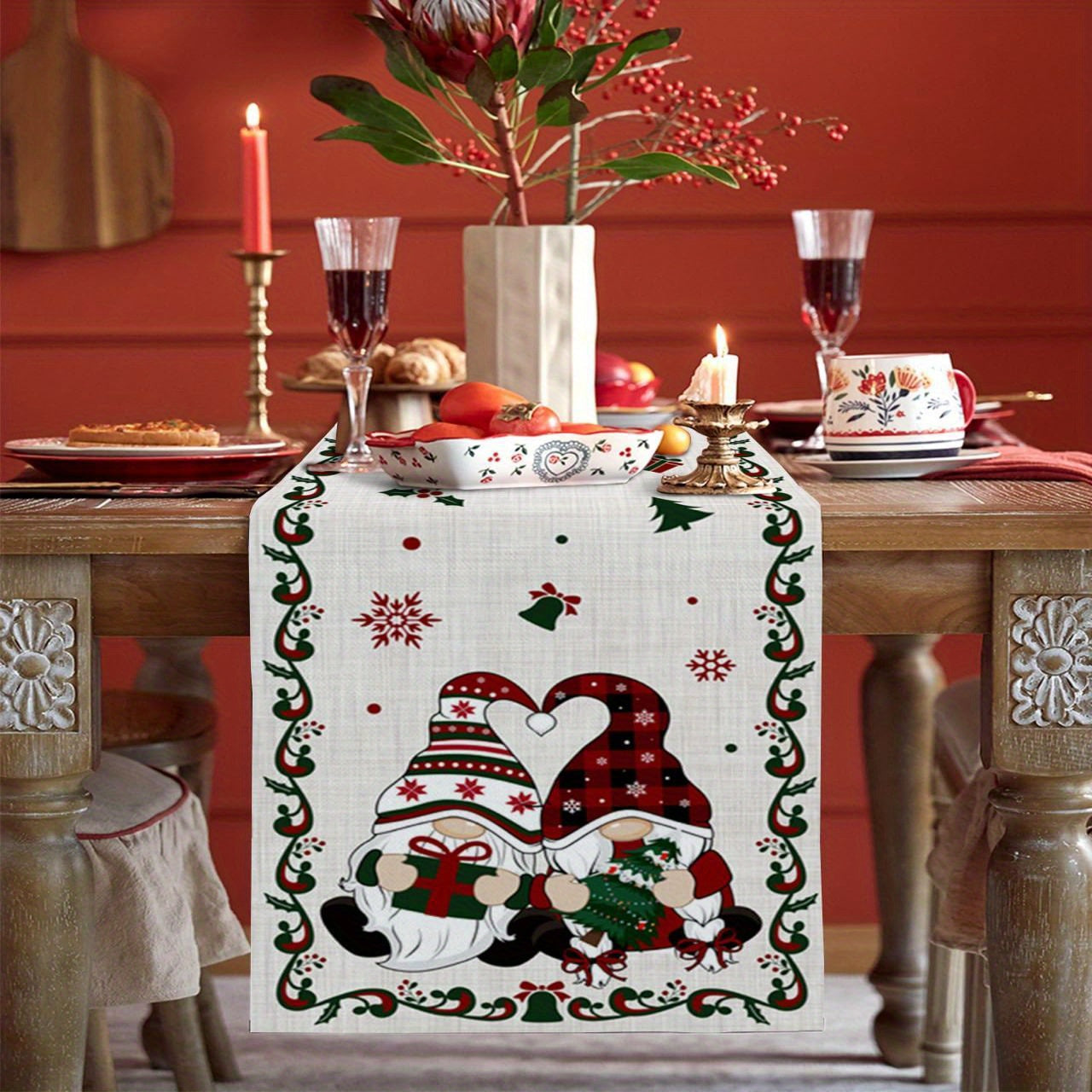 Holiday-Themed Polyester Table Runner – Rectangle, Knit Fabric Cover, Halloween Decor, Featuring Christmas Gnomes, Xmas Tree, Snowflakes, Washable, for Dinner, Birthday, Wedding Party