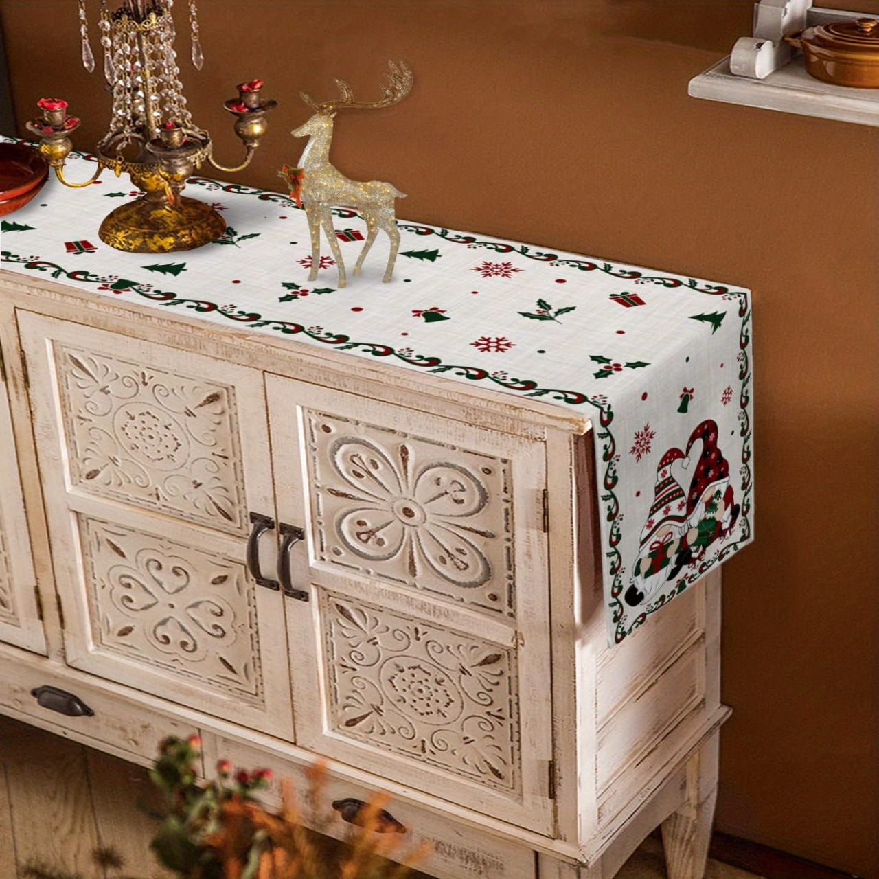 Holiday-Themed Polyester Table Runner – Rectangle, Knit Fabric Cover, Halloween Decor, Featuring Christmas Gnomes, Xmas Tree, Snowflakes, Washable, for Dinner, Birthday, Wedding Party