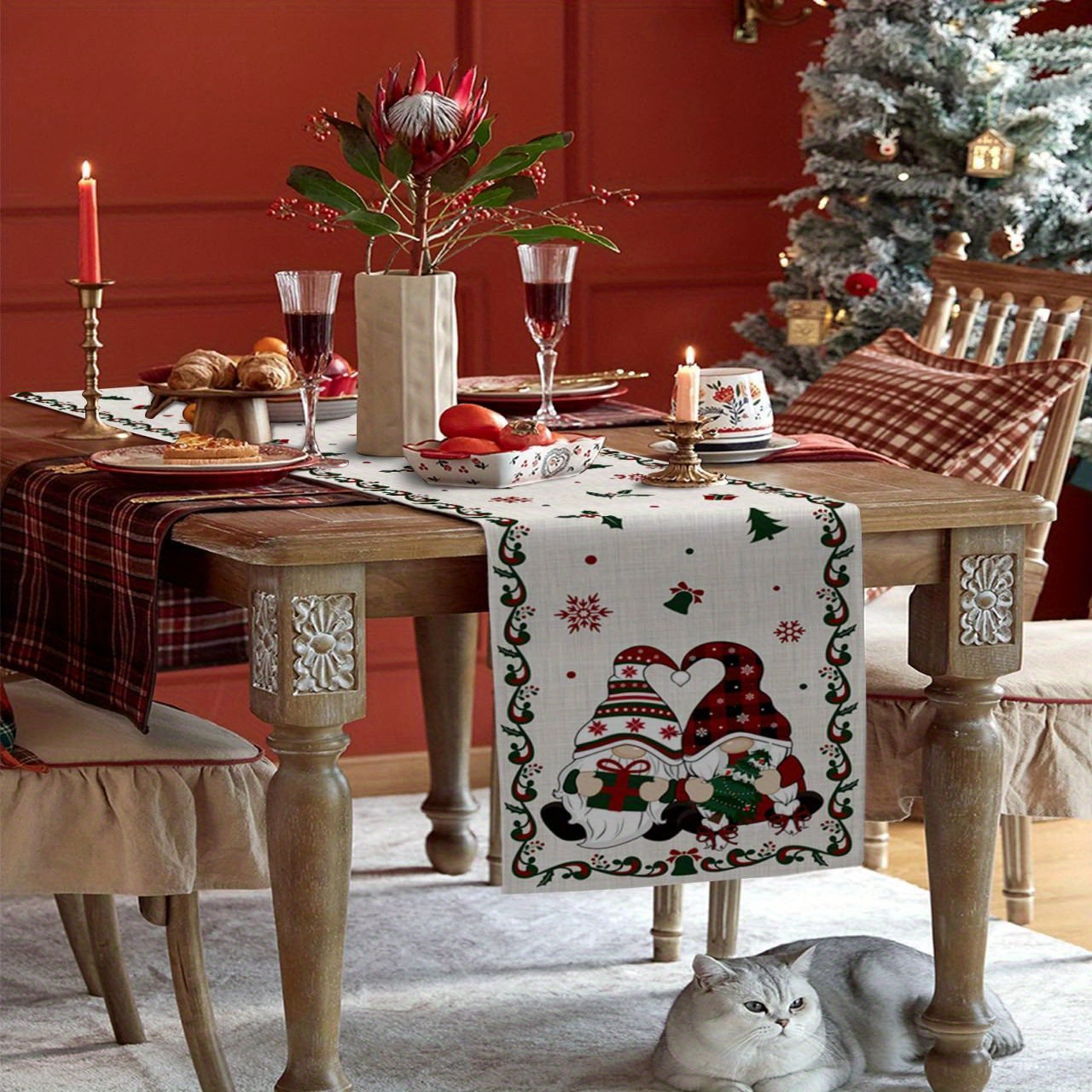 Holiday-Themed Polyester Table Runner – Rectangle, Knit Fabric Cover, Halloween Decor, Featuring Christmas Gnomes, Xmas Tree, Snowflakes, Washable, for Dinner, Birthday, Wedding Party