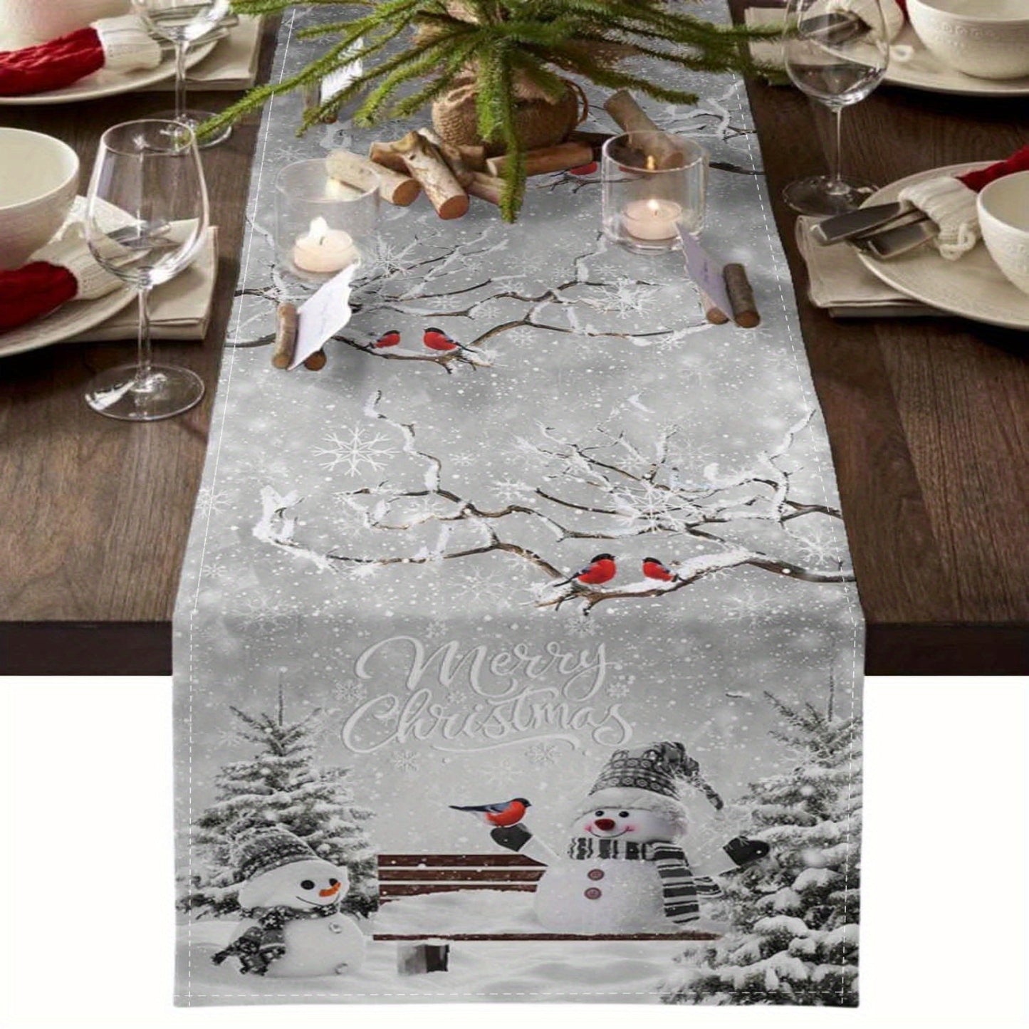 Christmas Cheer Table Runner - Snowman, Christmas Tree & Bird Design | Washable Polyester Dinner & Coffee Table Decor for Holiday Celebrations