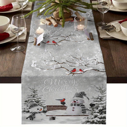 Christmas Cheer Table Runner - Snowman, Christmas Tree & Bird Design | Washable Polyester Dinner & Coffee Table Decor for Holiday Celebrations