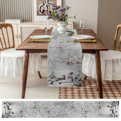 Christmas Cheer Table Runner - Snowman, Christmas Tree & Bird Design | Washable Polyester Dinner & Coffee Table Decor for Holiday Celebrations