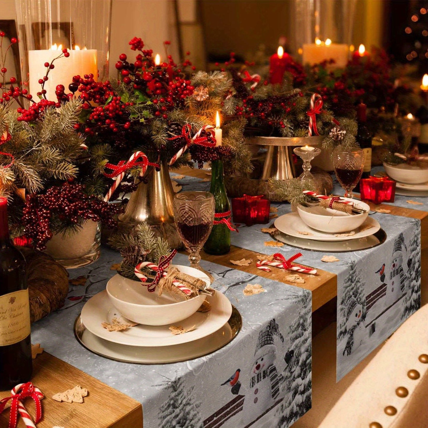 Christmas Cheer Table Runner - Snowman, Christmas Tree & Bird Design | Washable Polyester Dinner & Coffee Table Decor for Holiday Celebrations