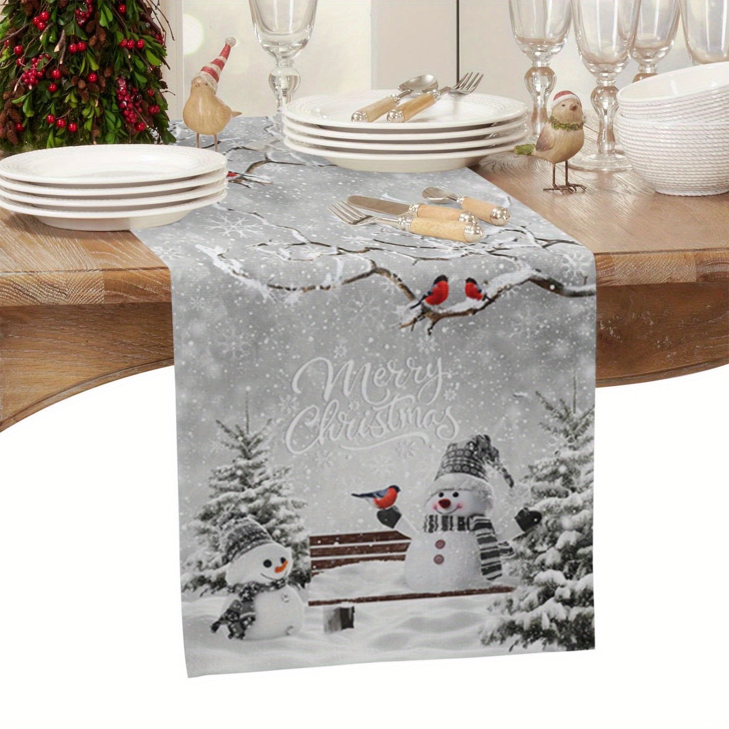 Christmas Cheer Table Runner - Snowman, Christmas Tree & Bird Design | Washable Polyester Dinner & Coffee Table Decor for Holiday Celebrations