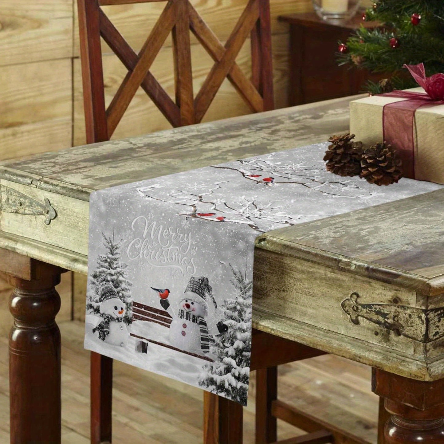 Christmas Cheer Table Runner - Snowman, Christmas Tree & Bird Design | Washable Polyester Dinner & Coffee Table Decor for Holiday Celebrations
