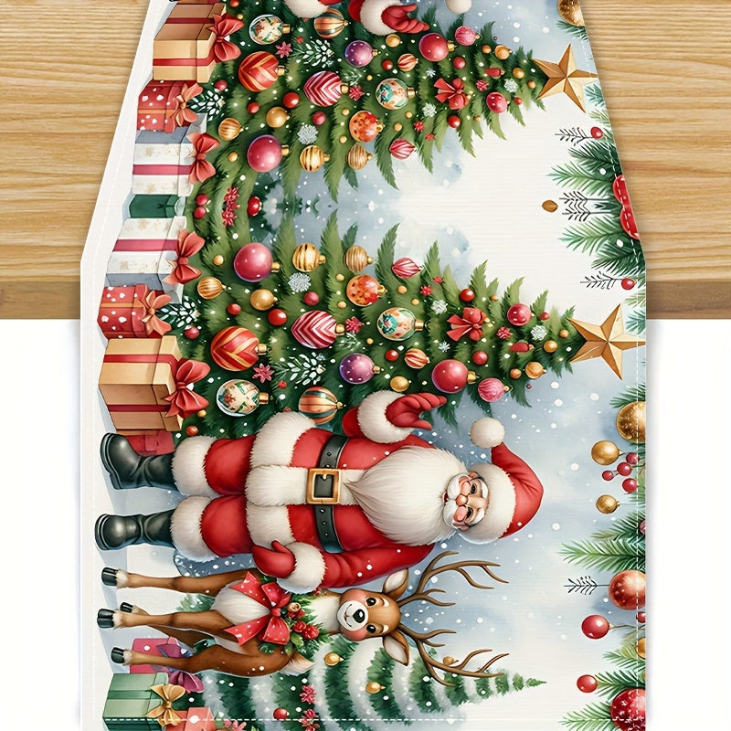 1/4/6pcs Festive Holiday Christmas Table Runner Set - Vibrant Polyester Fiber Design with Santa, Reindeer & Christmas Tree Pattern, Durable, Water-Resistant, and Easy-to-Clean Dining Table Decorations for Xmas Party, Holiday Gathering and Seasonal Celebra