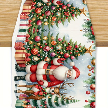 1/4/6pcs Festive Holiday Christmas Table Runner Set - Vibrant Polyester Fiber Design with Santa, Reindeer & Christmas Tree Pattern, Durable, Water-Resistant, and Easy-to-Clean Dining Table Decorations for Xmas Party, Holiday Gathering and Seasonal Celebra