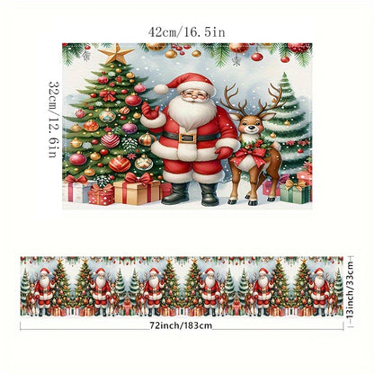 1/4/6pcs Festive Holiday Christmas Table Runner Set - Vibrant Polyester Fiber Design with Santa, Reindeer & Christmas Tree Pattern, Durable, Water-Resistant, and Easy-to-Clean Dining Table Decorations for Xmas Party, Holiday Gathering and Seasonal Celebra