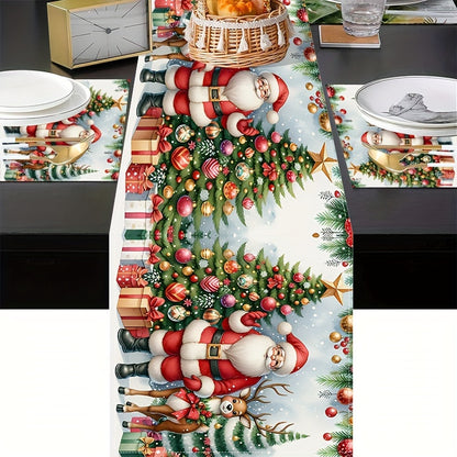 1/4/6pcs Festive Holiday Christmas Table Runner Set - Vibrant Polyester Fiber Design with Santa, Reindeer & Christmas Tree Pattern, Durable, Water-Resistant, and Easy-to-Clean Dining Table Decorations for Xmas Party, Holiday Gathering and Seasonal Celebra