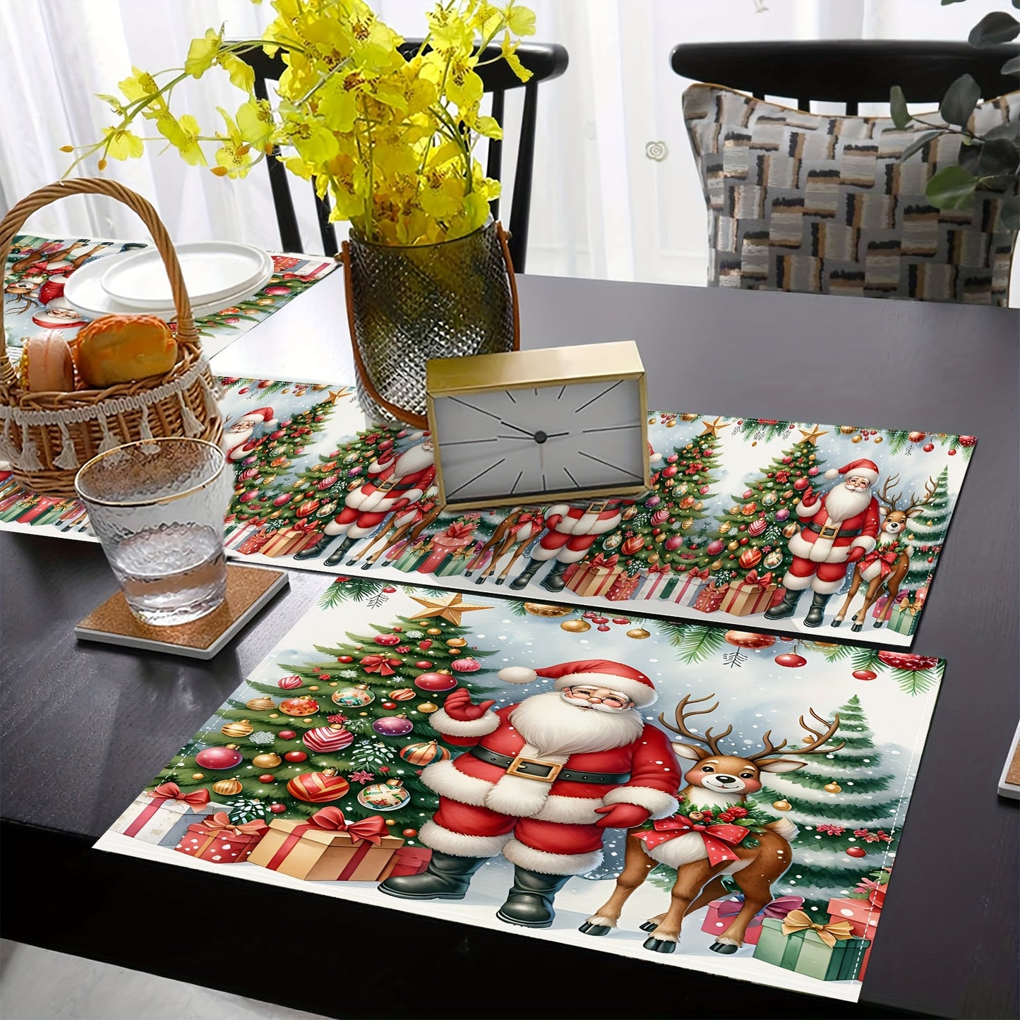 1/4/6pcs Festive Holiday Christmas Table Runner Set - Vibrant Polyester Fiber Design with Santa, Reindeer & Christmas Tree Pattern, Durable, Water-Resistant, and Easy-to-Clean Dining Table Decorations for Xmas Party, Holiday Gathering and Seasonal Celebra
