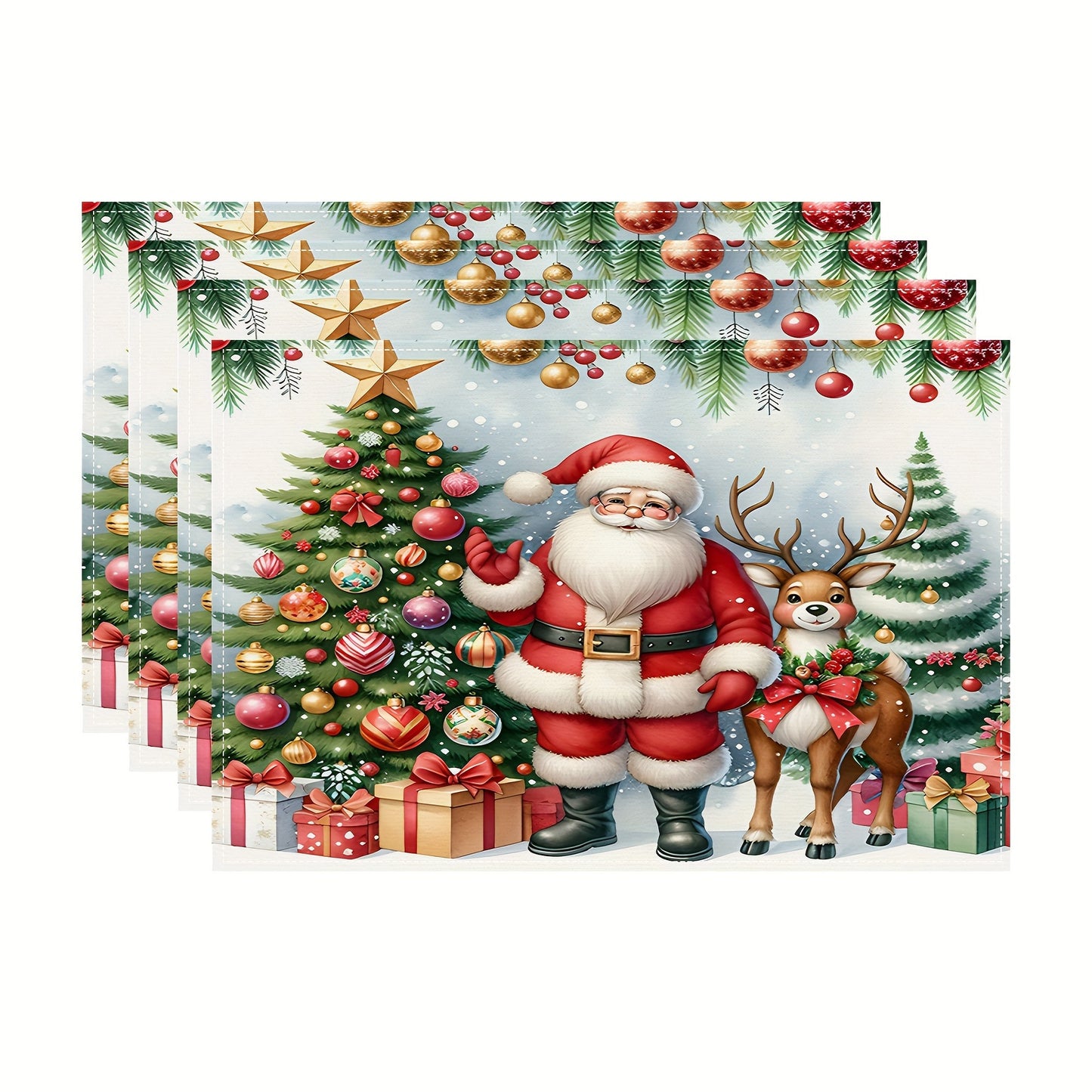1/4/6pcs Festive Holiday Christmas Table Runner Set - Vibrant Polyester Fiber Design with Santa, Reindeer & Christmas Tree Pattern, Durable, Water-Resistant, and Easy-to-Clean Dining Table Decorations for Xmas Party, Holiday Gathering and Seasonal Celebra